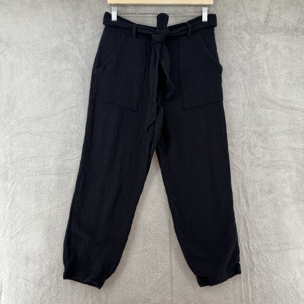 Magaschino Pants M Black Textured Organic Cotton Pockets Elastic Hem Cropped Tie